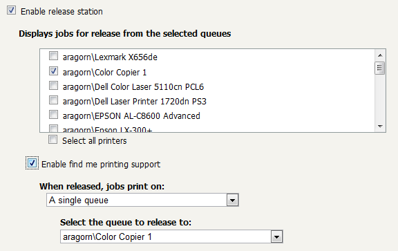 Find Me Printing setup example: The device displays print jobs from the virtual queue "Library MFDs" and forwards them to "Color Copier 1"