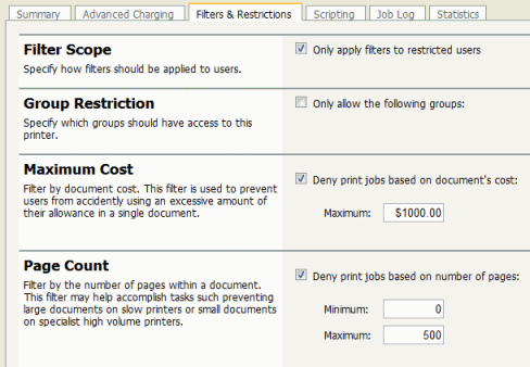 Printer Filters and Restrictions