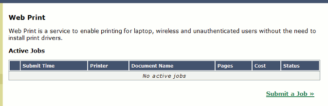 The front Web Print page before any jobs have been submitted