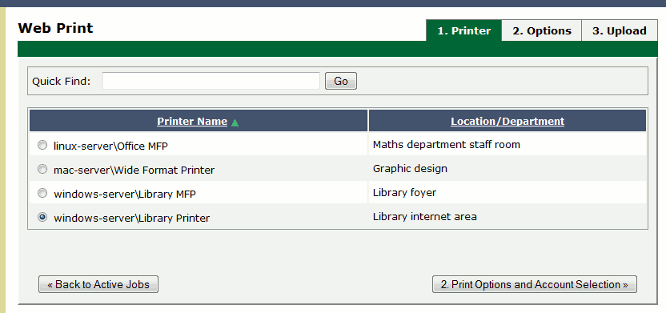 Web Print: selecting a printer from the list, which may be replaced with a map or custom list