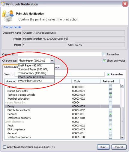 Cost adjustments displayed in the Advanced Client Popup