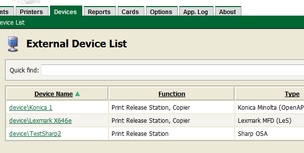 The devices tab provides an overview over tracked photocopiers and other devices