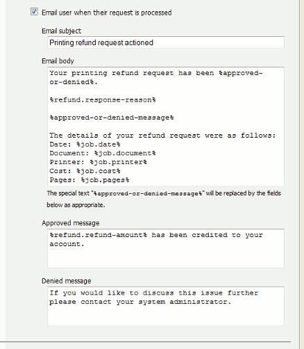 Printer refund request user notification options