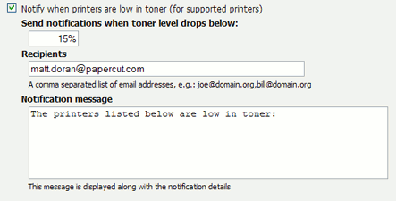 Low toner notification settings