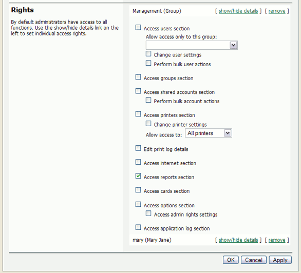 The list of users and groups granted admin access