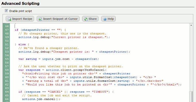 The print script editor showing a sample script