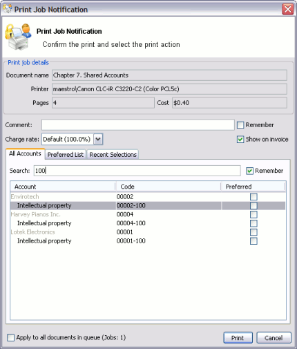 Searching accounts by matter code in the client/matter code naming model