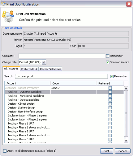 Searching accounts by project name or number in the project/phase code naming model