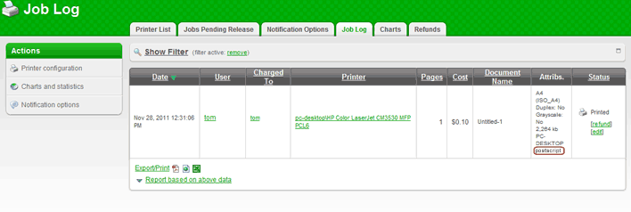 Print Job Log showing the PostScript metadata