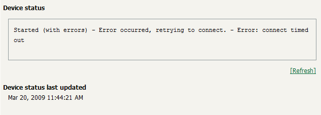 The device details page includes a detailed device status message - in this case 'connect timed out'.