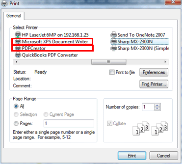 Printing using PDF Creator or XPS Document Writer