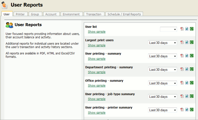 Clickable report icons to run reports in different formats (PDF, HTML, CSV (Excel)).