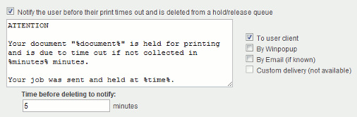 Options for a notification sent before a held job gets deleted