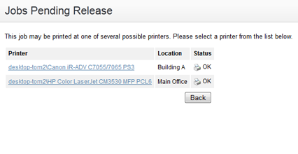 Find Me Printing and Web Based Release Interfaces