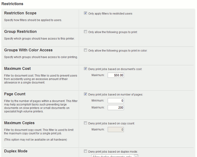 Some of the available print restriction filters