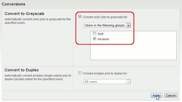 Converting student printing to grayscale