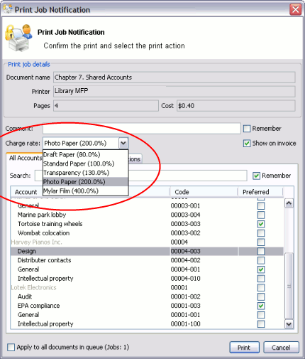 Cost adjustments displayed in the Advanced Client Popup