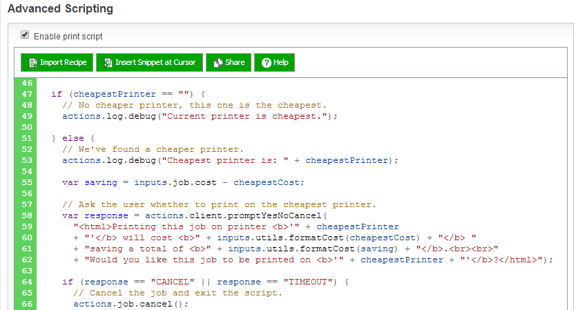 The print script editor showing a sample script