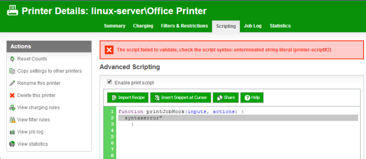 Example syntax error in a print script