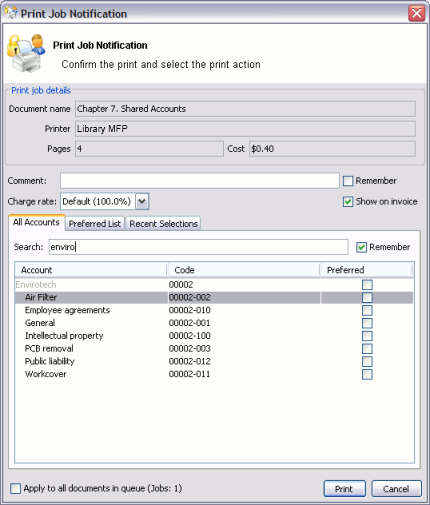 Searching accounts by client name in the client/matter code naming model