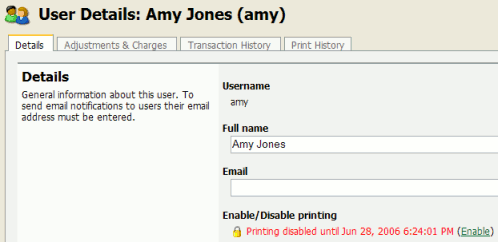 User printing disabled using a time-latch