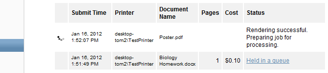 List of active Web Print jobs