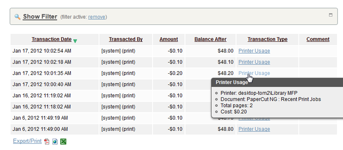 A user's recent balance transactions