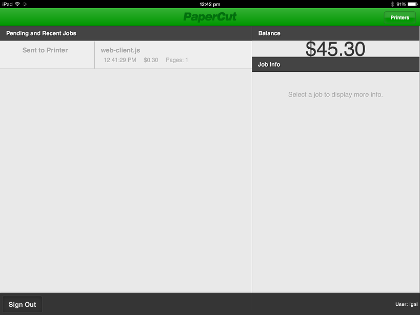 The PaperCut App for iPad (after printing)