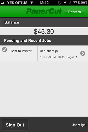 The PaperCut App for iPhone (after printing)