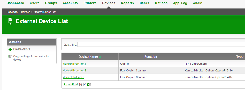 The Devices tab provides an overview of tracked photocopiers and other devices