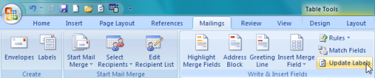 Update labels button in MS Word 2007