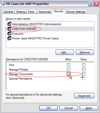 Configuring Windows print queue permissions