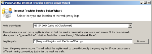 Selecting the proxy server type and log file location