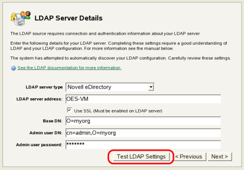 eDirectory/LDAP configuration wizard page