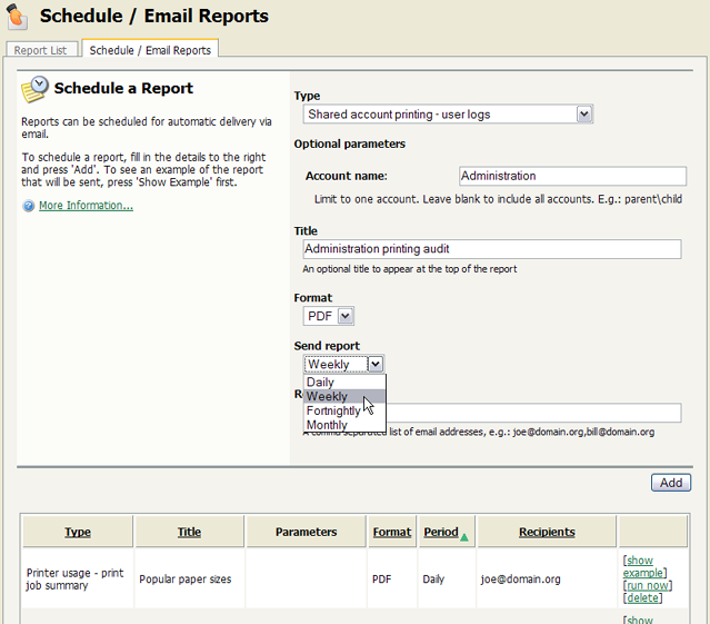 The Scheduled Reports page