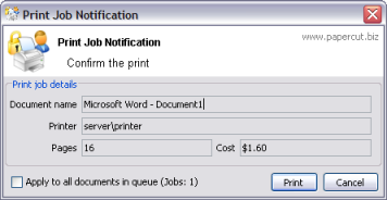 The print job confirmation dialog (no account selection options)