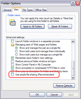 Disable simple file sharing