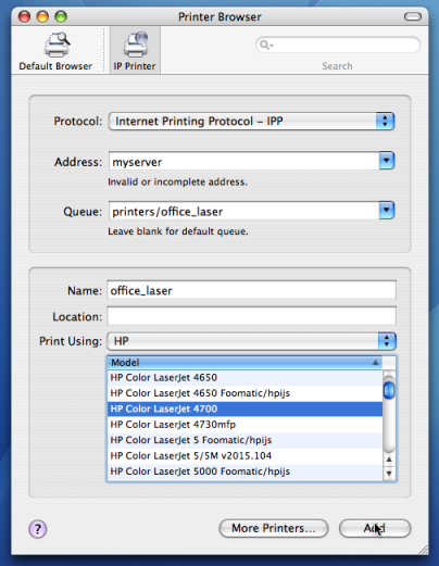 Adding an IPP printer on an Apple Mac Workstation